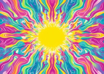 1970s psychedelic anniversary greeting card with flowing rainbow border and empty center for personal message, groovy retro style