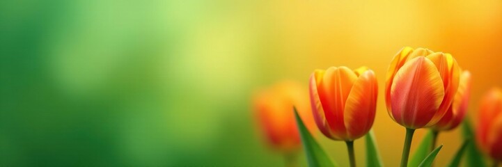 Obraz premium Orange tulips against a green and orange gradient background, floral, spring
