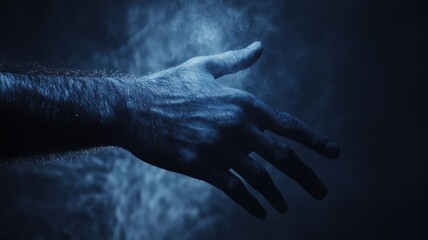 A hand extends toward the viewer, surrounded by a swirling blue mist that creates an enigmatic ambiance. Soft light highlights the contours and texture of the hand