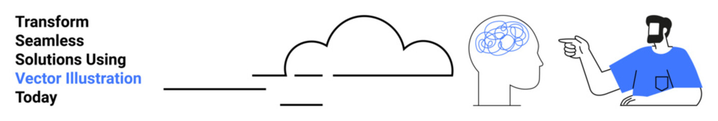 Person pointing to neural connections in a head silhouette next to a cloud. Ideal for innovation, cloud computing, brainstorming, creativity, tech visualization, self-improvement, flat landing page