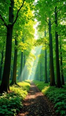 Fototapeta premium Sun-dappled beech forest, vibrant green canopy, backdrop, dappled
