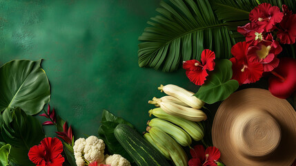Obraz premium Brazilian local fruits and vegetables with red flowers and hat on green background with copy space