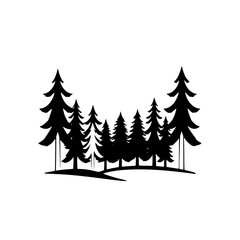 Fototapeta premium Silhouette of a forest, showing dark evergreen trees against a white background.