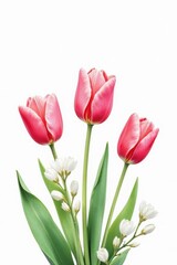 Naklejka premium Charming watercolor tulips, white blossoms against pristine white backdrop Perfect for spring designs , white background, white tulips, spring