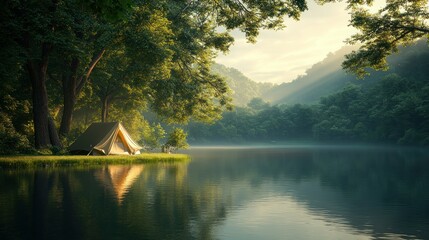 Fototapeta premium Serene campsite by a lake at dawn in a forest