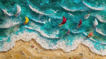 Colorful sailboats glide across turquoise waters near a sandy beach filled with beachgoers. Seagulls soar above, capturing the essence of a lively coastal setting