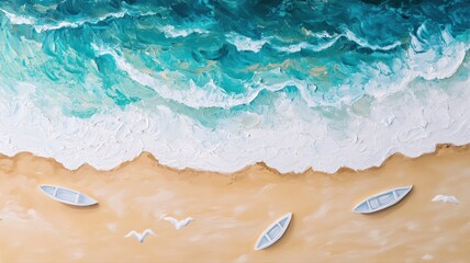 Obraz premium Vibrant coastal artwork showcases gentle waves lapping against a sandy beach, with small boats resting on the shore and seagulls flying overhead under a sunny sky