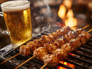 An assortment of yakitori sizzling on a charcoal grill in a lively izakaya