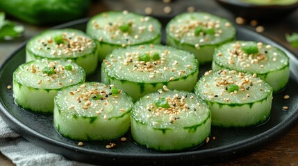 Sesame-sprinkled cucumber rounds on dark plate