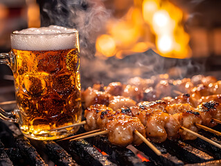 An assortment of yakitori sizzling on a charcoal grill in a lively izakaya