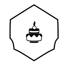 Monochrome Cake Icon in a Hexagon Frame, a Minimalist Illustration of a Birthday Cake with a Burning Candle.