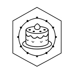 Cake icon framed inside a hexagon, with stylized, cute cake in center. The image is a black and white design.