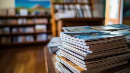 Fototapeta premium A stack of magazines in a cozy bookstore with shelves filled with books and a scenic view outside