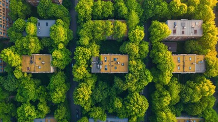 Aerial view of urban rooftops surrounded by lush green trees in a vibrant cityscape