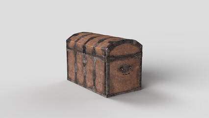 antique wooden and iron treasure chest in the white setting, right view