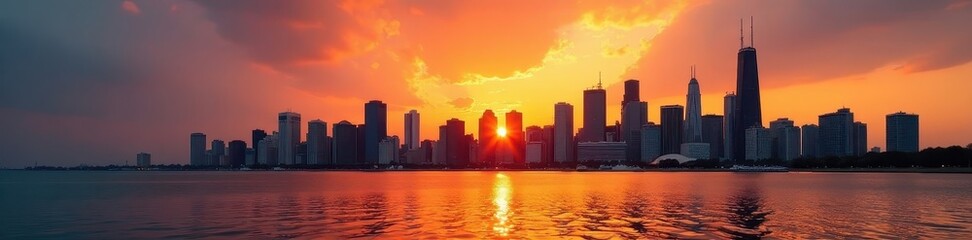 Golden hour cityscape, Chicago skyscrapers reflecting sunset , sunset, sun