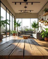 Fototapeta premium Modern living room with wooden flooring, large windows, lush green plants, cozy gray sofa, and warm sunlight creating a stylish, minimalist, and nature-inspired home interior design