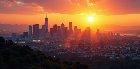 Fototapeta premium Golden hour bathes LA skyline in warm light, panoramic view , night, evening