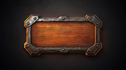 Medieval ui game wooden button with metal frame sprite for animation. Fantasy rpg title sign design on dark background. Isolated royal interface banner element assets. Ancient scratched wood bar icon