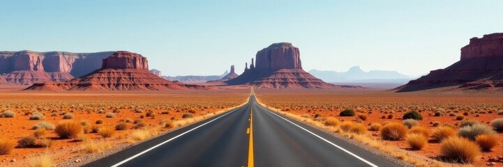 Fototapeta premium Solitary road cuts through barren desert, majestic red rock formations in distance, arid, view