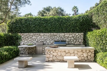 Outdoor kitchen design featuring sleek stone surfaces and lush greenery in a tranquil garden setting perfect for summer gatherings and barbecues
