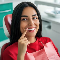 A young woman with long dark hair smiles confidently while pointing at her clean teeth. She is seated in a dental chair wearing a red top and a protective bib in a modern clinic