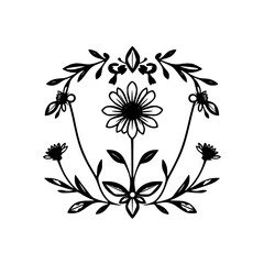 Black and White Flower Design with Daisy Centerpiece, surrounded by leaves and ornate details.