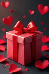 Elegant red ribboned gift box, hearts surround , hearts, ribbon