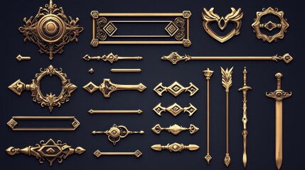 Naklejka premium Game UI elements with gold frames in medieval style. Buttons, banners different shapes, progress bar, arrows and sliders with fantasy metal border, vector cartoon set