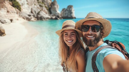 Obraz premium Smiling couple taking selfie on a sunny beach vacation