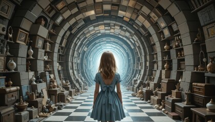 Fototapeta premium Girl Stands in Tunnel of Shelves Looking at Glowing Light