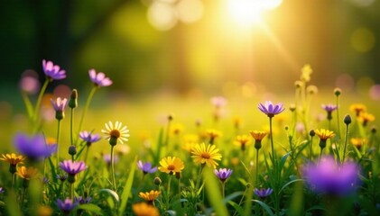 Fototapeta premium Sunlit meadow, vibrant purple & yellow wildflowers blooming , nature, bloom