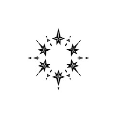 Geometric arrangement of stars, forming a circular pattern, symmetrical, minimalistic, abstract, and high-contrast style.