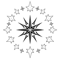 Obraz premium Black and white illustration of a central, stylized star surrounded by a circle of smaller stars.