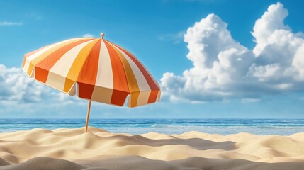 Fototapeta premium Colorful striped beach umbrella enhances sunny beach day by the ocean waves and soft sand under a bright blue sky