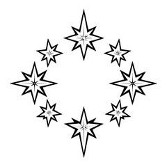 Nine eight-pointed stars arranged in a circular formation, black and white with sharp edges and elegant detail.