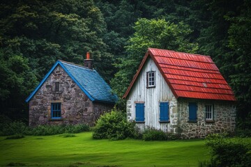 Obraz premium Two charming houses with colorful roofs nestled in a lush green forest, creating a picturesque scene of tranquility and nature