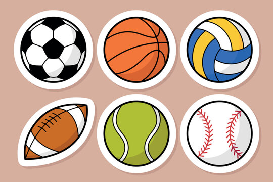 sport ball sticker set, soccer, football, tennis, basketball, volleyball, rugby, baseball, collection of vector design elements
