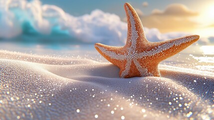 Starfish upright on a white sandy beach during sunset with soft clouds in the background