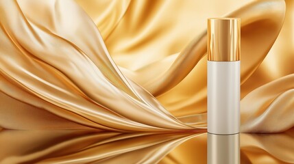 Stylish blank white cosmetic tube standing on a reflective surface with golden satin backdrop