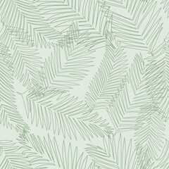 Palm leaves seamless pattern, on blue background, vector in natural color. Design for fabric, print, cover, banner, decoration, wallpaper. Outline minimalistic style, linear.
