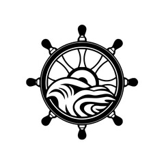 Black and white image of a ship's wheel with a wave and sun motif.