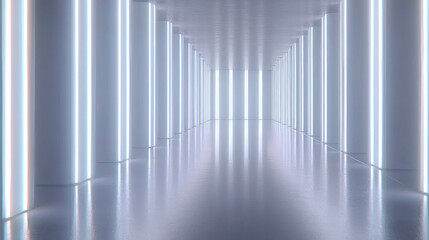Obraz premium Futuristic white corridor with glowing light columns for architectural design