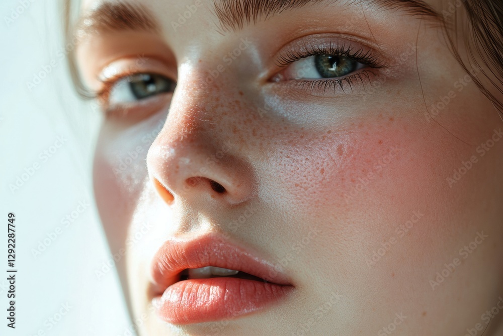 Poster close up of a womans face showing contrast between aging effects and youthful smoothness in a medica