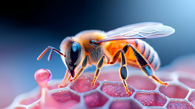 Extreme Macro Photography Of A Bee On Honeycomb