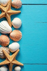 Close-up of assorted seashells and starfish on a painted blue wooden surface , oceandecor, coastaldecor