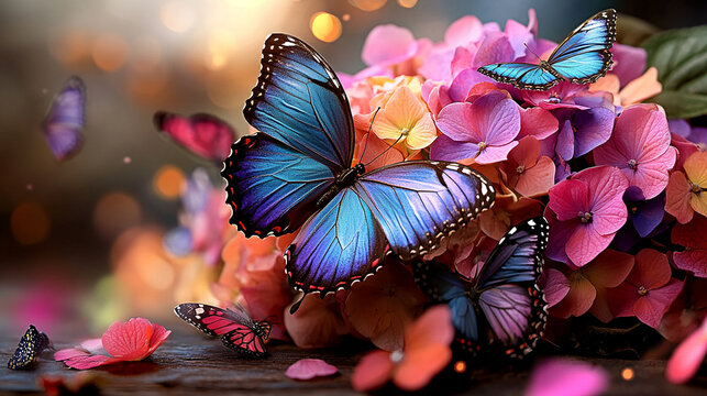 Whimsical Hydrangeas and Butterflies Spring Scene