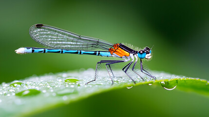 Extreme Macro Photography of a Colorful Dragonfly on a Dew-Covered Leaf