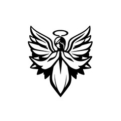 Stylized Angel: Winged Figure with Halo in Black and White