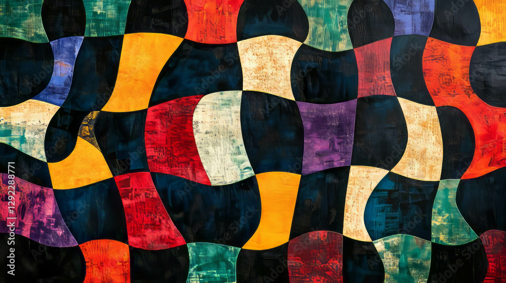 Poster vibrant abstract background with checkerboard patterns and wavy lines for creative design use